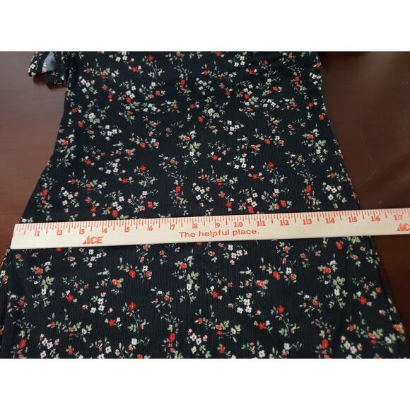 Vtg Justify Y2K Ditsy Dark Floral Ribbed Square Neck Bow Dress L Whimsigoth 90s - Picture 13 of 14